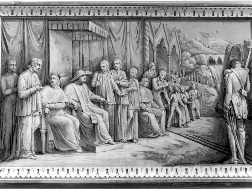 papa Gregorio XVI assiste all'attivazione dei cunicoli che alimentano la cascata dalla via di Quintiliolo (dipinto) di Quadrini Angelo (sec. XIX)
