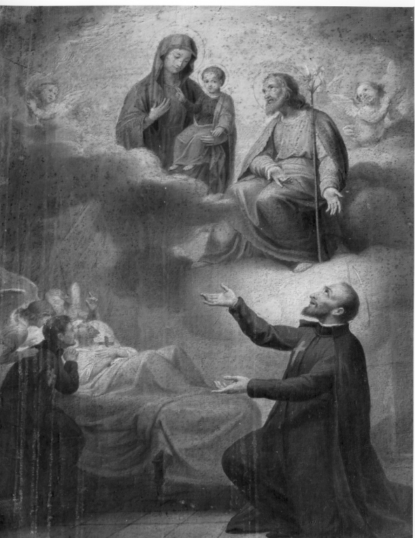San Camillo intercede presso la Madonna della Salute e San Giuseppe per un malato (dipinto) - ambito italiano (prima metà sec. XIX)