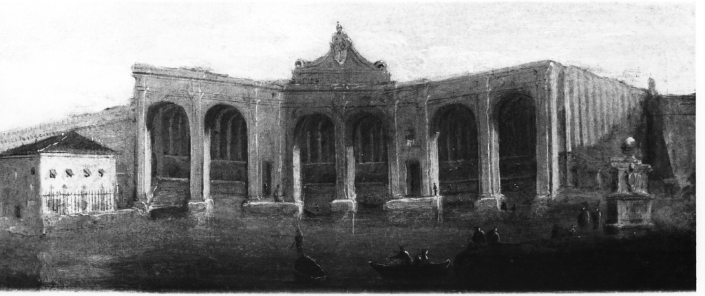 veduta di un padiglione sull'acqua (dipinto) - ambito laziale (sec. XVIII)