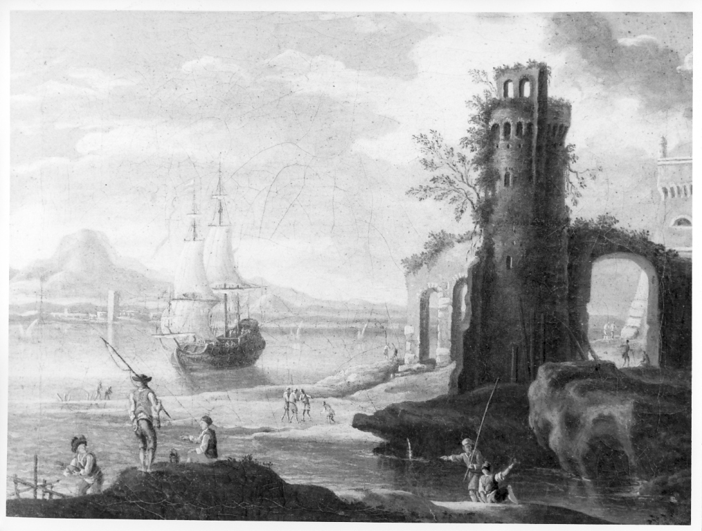 marina con una nave allo scalo (dipinto) - ambito laziale (sec. XVIII)