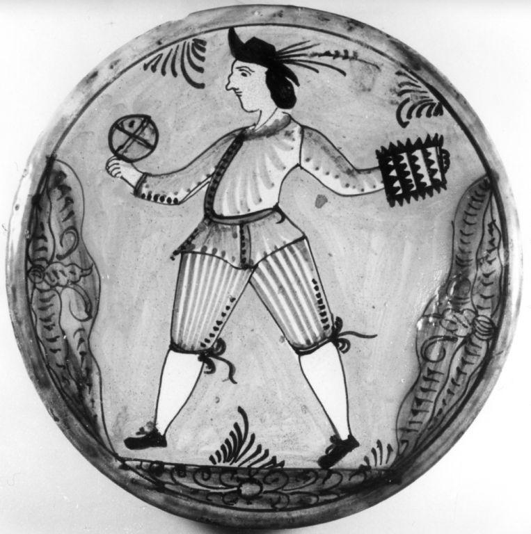 figura maschile che gioca a palla (piatto) - manifattura di Montelupo (prima metà sec. XVII)