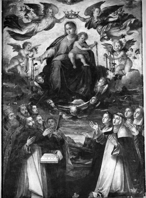 Madonna del Rosario con San Domenico, Santa Caterina da Siena e Santi domenicani (dipinto) di Curia Francesco (seconda metà sec. XVI)