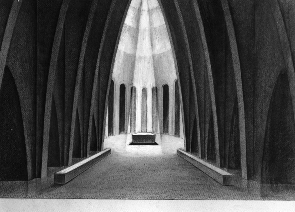 interno di un tempio (dipinto) di Conti Primo (sec. XX)