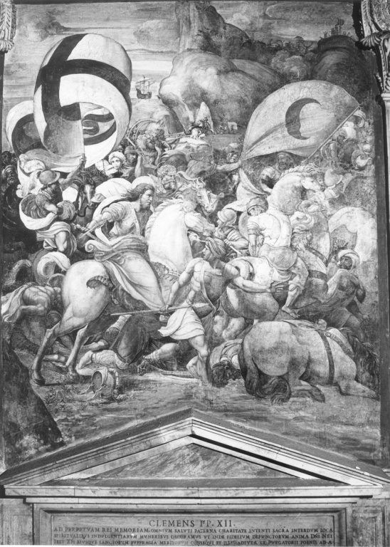 Apparizione di S. Giacomo durante la battaglia di Clavijo, apparizione di San Giacomo il Maggiore nella battaglia di Clavio (dipinto) di Munari Pellegrino detto Pellegrino da Modena (sec. XVI)