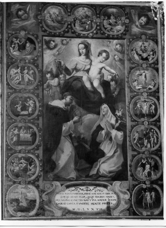 Madonna del Rosario con San Domenico e devoti (dipinto) di Passeri Giuseppe (attribuito) (sec. XVI, sec. XVIII)