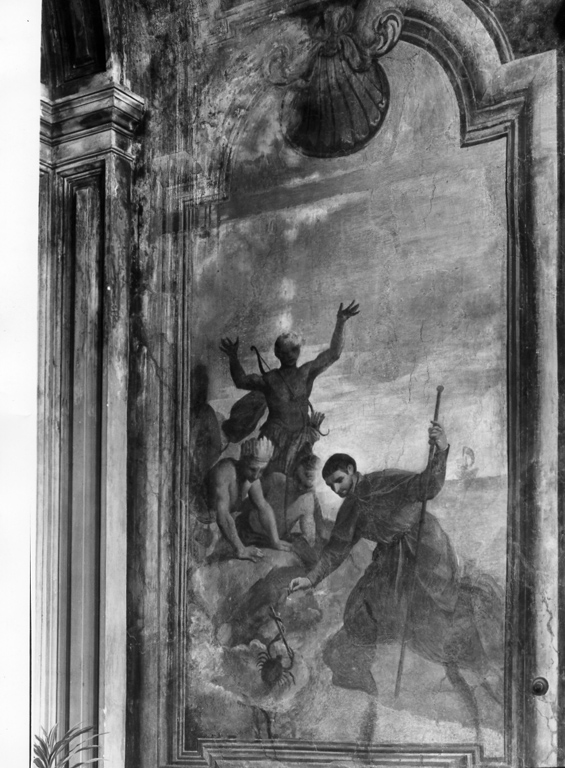 San Francesco Saverio col crocifisso mette in fuga i Badages (dipinto) di Colli Antonio (sec. XVII)
