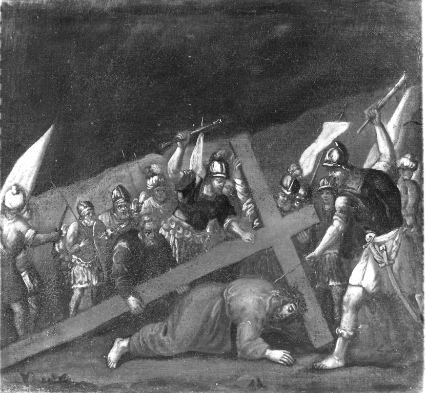 stazione III: Gesù cade sotto la croce la prima volta (dipinto) - ambito romano (terzo quarto sec. XVII)