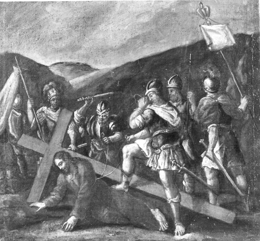 stazione VII: Gesù cade sotto la croce la seconda volta (dipinto) - ambito romano (terzo quarto sec. XVII)