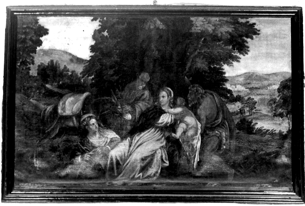 Riposo della Sacra Famiglia, Madonna con Bambino, San Giuseppe e l'asino, San Giovanni Battista e Santa Caterina (dipinto) - ambito laziale (sec. XVII)