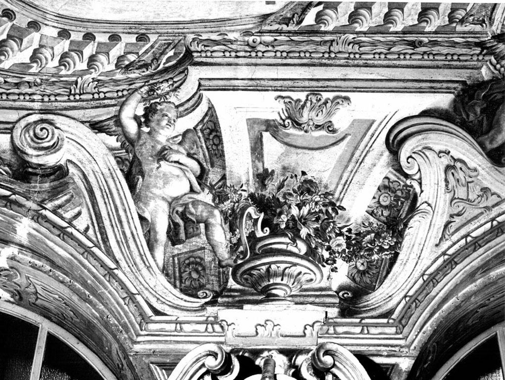 angioletti con fiori, ghirlande e vasi di fiori (dipinto) di Pesci Girolamo (prima metà sec. XVIII)