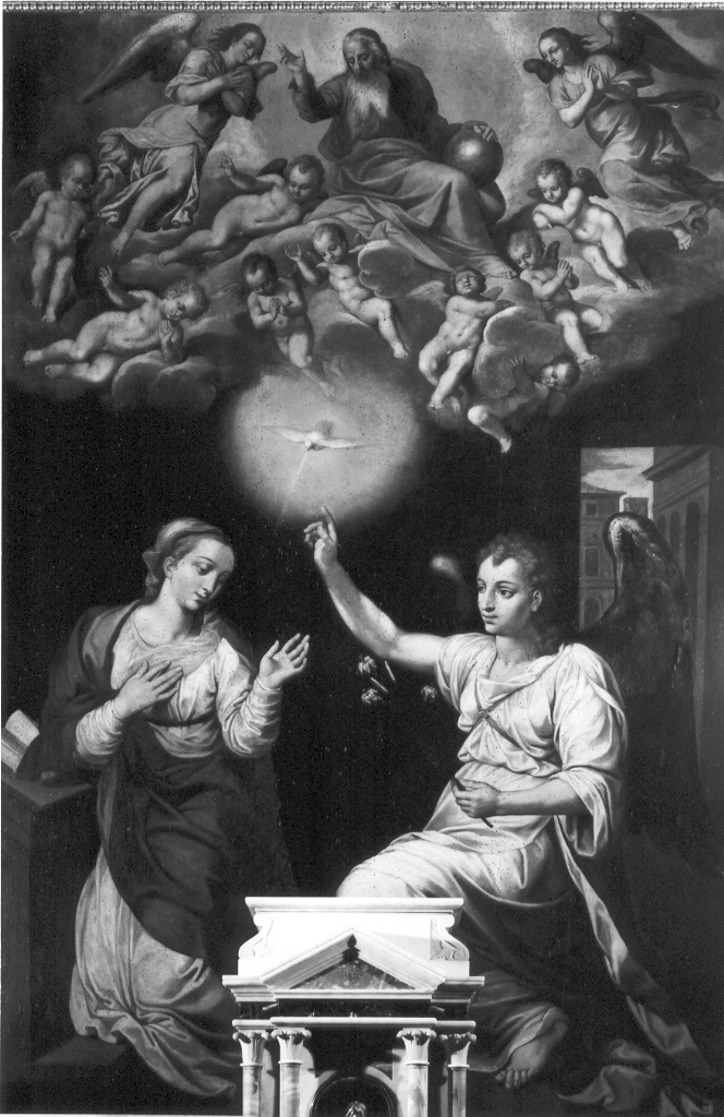 Annunciazione e Dio Padre tra gli angeli (dipinto) di Pulzone Scipione (maniera) (seconda metà sec. XVI)