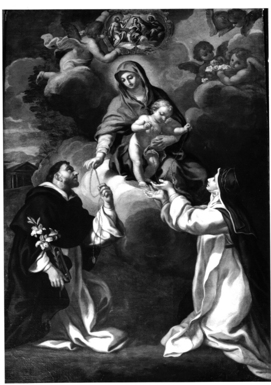 Madonna del Rosario con San Domenico e Santa Caterina da Siena (dipinto) di Mazzanti Ludovico (cerchia) - ambito romano (inizio sec. XVIII)