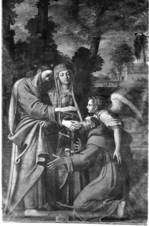 San Francesco d'Assisi viene presentato da un angelo a Gesù Cristo e la Madonna (dipinto) - ambito romano (fine/inizio secc. XVI/ XVII)