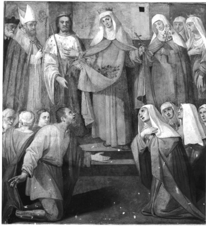 Santa Elisabetta d'Ungheria col padre re Andrea II, personaggi di chiesa e fedeli (dipinto, complesso decorativo) - ambito romano (inizio sec. XVII)