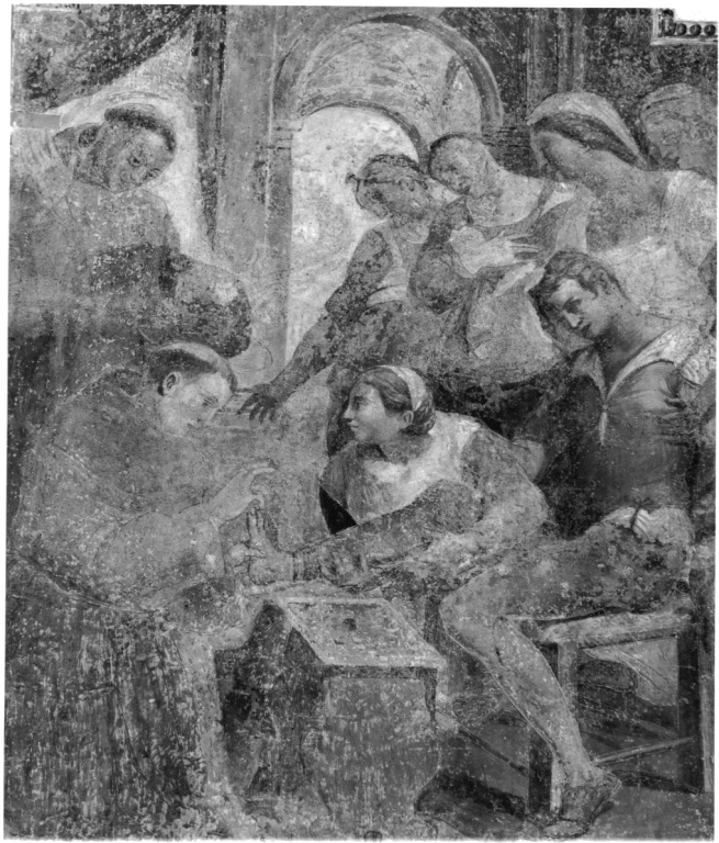 Sant'Antonio da Padova risana la gamba del giovane che si era scagliato contro la madre (dipinto, complesso decorativo) - ambito romano (inizio sec. XVII)