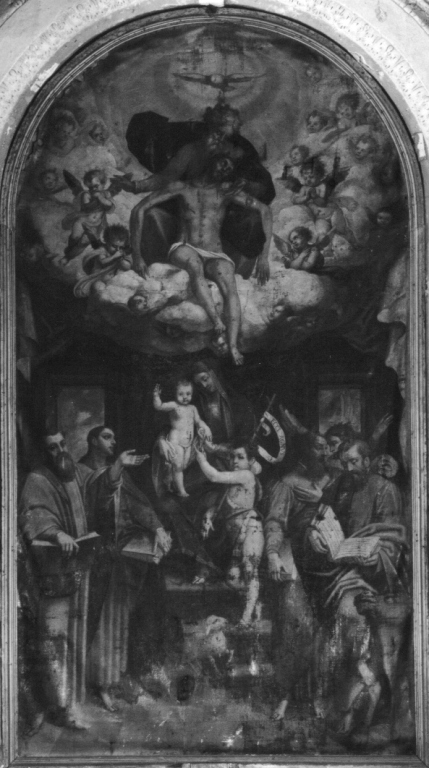 Trinità e Madonna con Bambino tra santi (dipinto) - ambito romano (fine/inizio secc. XVI/ XVII)