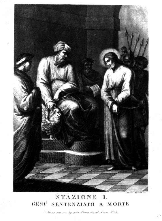 stazione I: Gesù condannato a morte (litografia) di Mochetti Alessandro (fine/inizio secc. XVIII/ XIX)