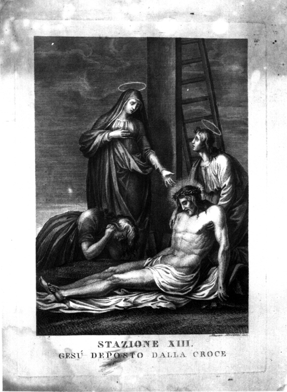 stazione XIII: Gesù deposto dalla croce (litografia) di Mochetti Alessandro (fine/inizio secc. XVIII/ XIX)