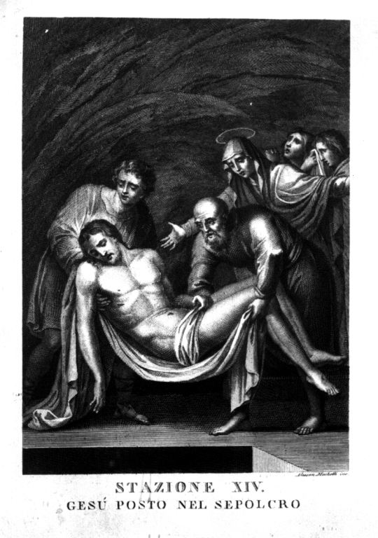 stazione XIV: Gesù deposto nel sepolcro (litografia) di Mochetti Alessandro (fine/inizio secc. XVIII/ XIX)