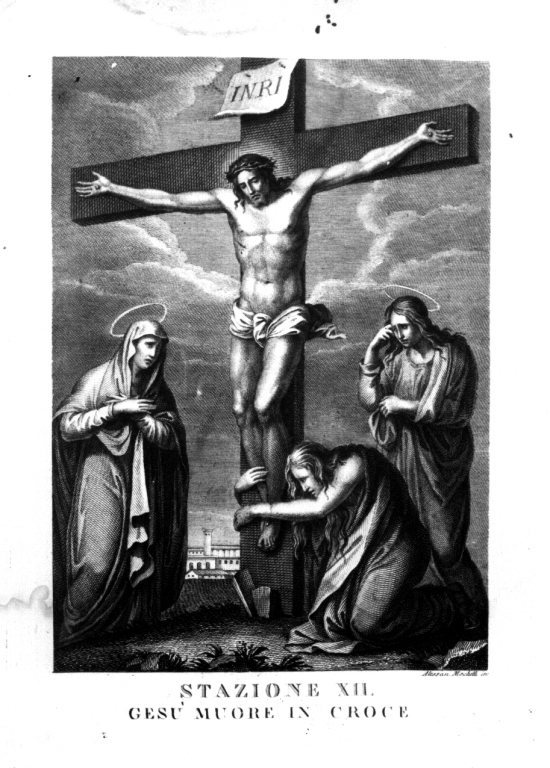 stazione XII: Gesù innalzato e morto in croce (litografia) di Mochetti Alessandro (fine/inizio secc. XVIII/ XIX)