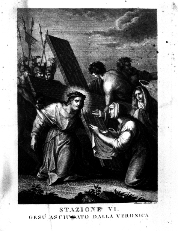 stazione VI: Gesù asciugato dalla Veronica (litografia) di Mochetti Alessandro (fine/inizio secc. XVIII/ XIX)