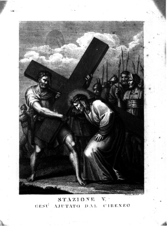 stazione V: Gesù aiutato da Simone il Cireneo a portare la croce (litografia) di Mochetti Alessandro (fine/inizio secc. XVIII/ XIX)