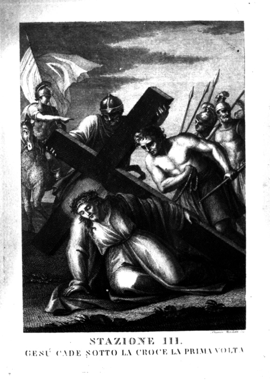 stazione III: Gesù cade sotto la croce la prima volta (litografia) di Mochetti Alessandro (fine/inizio secc. XVIII/ XIX)