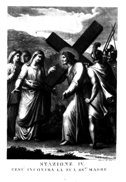 stazione IV: Gesù incontra la Madonna (litografia) di Mochetti Alessandro (fine/inizio secc. XVIII/ XIX)