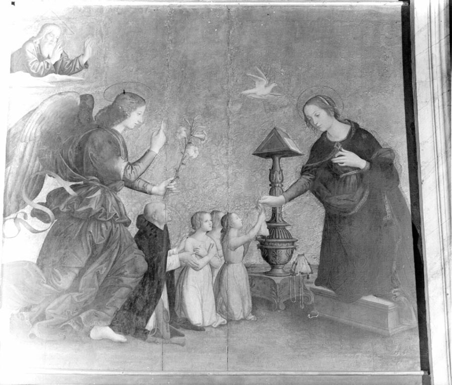 Annunciazione e il cardinale Torquemada che presenta le fanciulle povere alla Vergine (dipinto) di Aquili Antonio detto Antoniazzo Romano (sec. XVI)