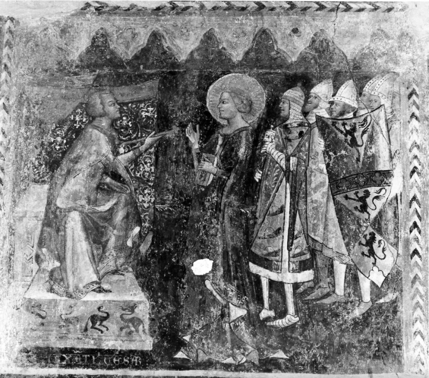 Santa Caterina d'Alessandria di fronte all'imperatore (dipinto) di Coleberti Pietro da Piperno (attribuito) (inizio sec. XV)