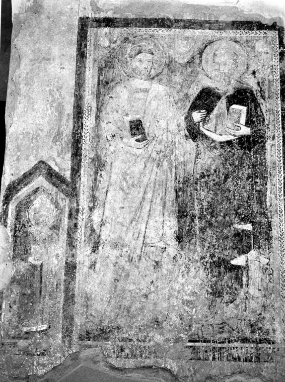 San Pietro, San Paolo e un santo vescovo (dipinto) - ambito laziale (sec. XIV)