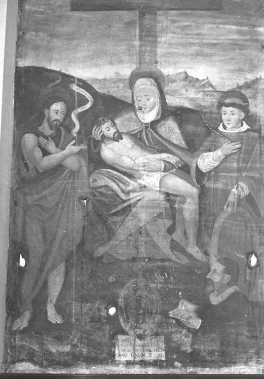 Cristo deposto dalla croce con San Giovanni Battista, San Cassiano e donatore (dipinto) - ambito laziale (sec. XVII)