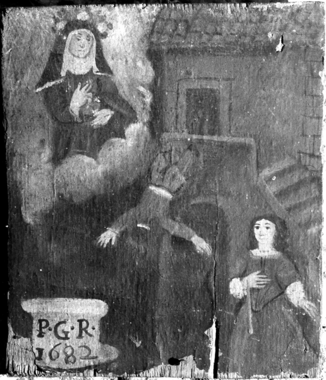 Donna chiede una grazia a Santa Rosa per il figlio caduto dalla finestra (dipinto) - ambito viterbese (sec. XVII)