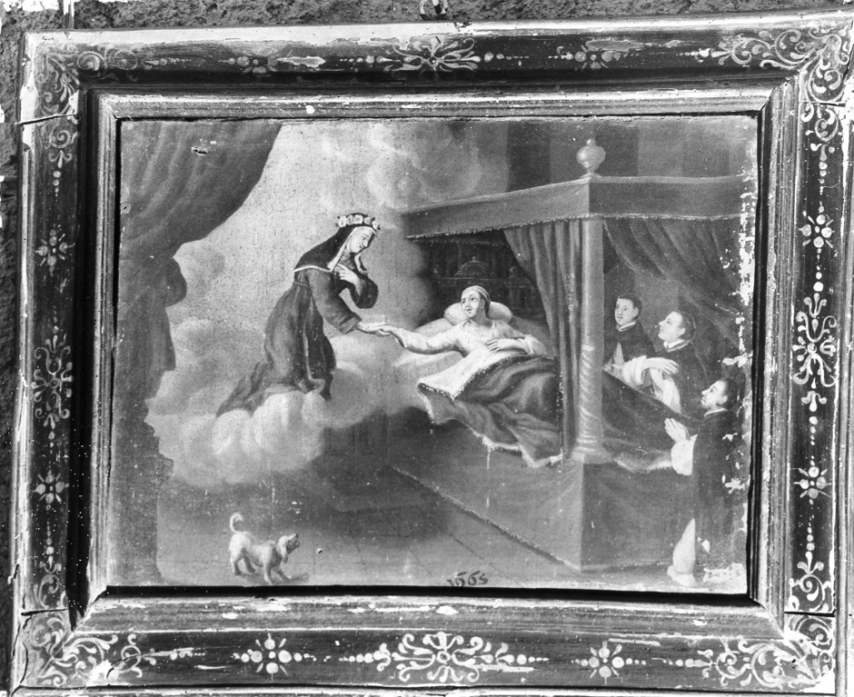Un uomo malato viene graziato da Santa Rosa per le suppliche di tre frati domenicani (dipinto) - ambito viterbese (sec. XVII)