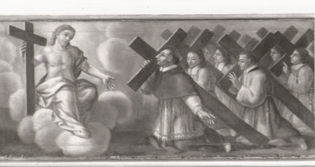 San Carlo Borromeo e i confratelli sostengono la croce in ginocchio davanti a Cristo (dipinto) - ambito viterbese (metà sec. XVII)