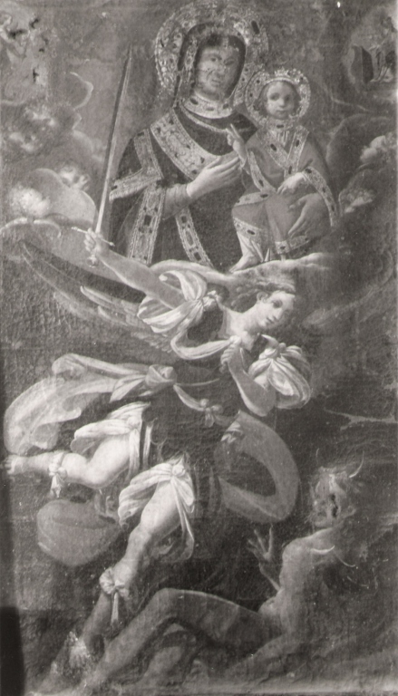Madonna di Costantinopoli, San Michele Arcangelo combatte Satana (dipinto) di Sensini P. P (cerchia) (metà sec. XVII)