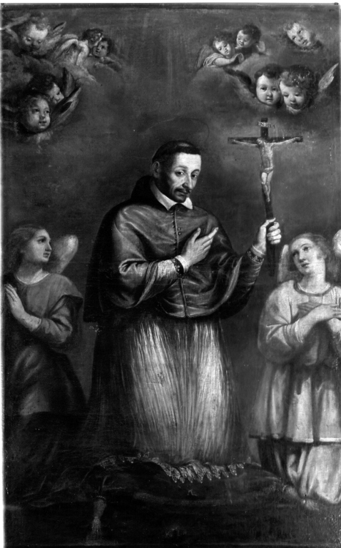 San Carlo Borromeo in adorazione della croce tra angeli e cherubini (dipinto) - ambito umbro (inizio sec. XVII)