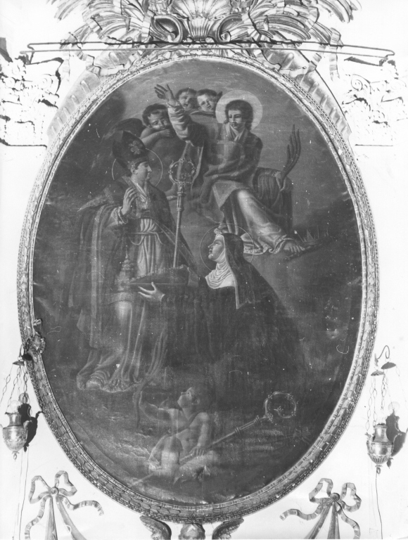 Santa Fara offre il modello della città a Sant'Antonino (pala d'altare) - ambito laziale (sec. XVIII)