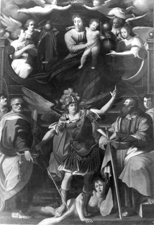 Madonna in trono con San Michele Arcangelo, San Pietro, San Paolo, San Savino e Sant'Eugenio (dipinto) di Caparozzi Filippo (prima metà sec. XVII)