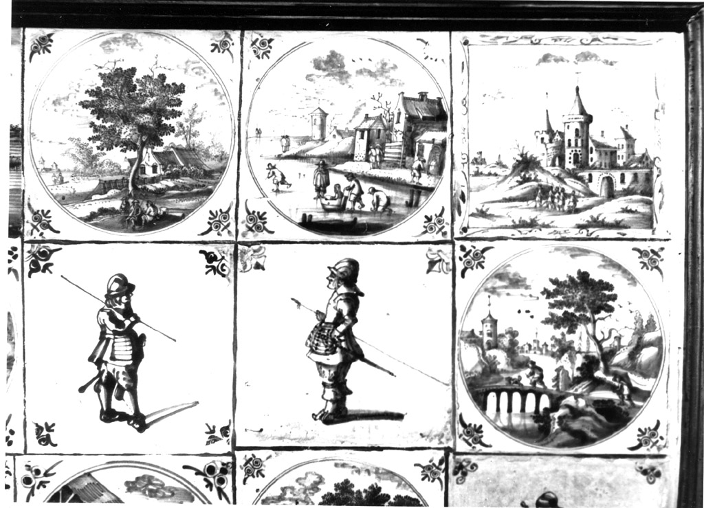 paesaggio con albero e figure (mattonella) - manifattura di Delft (fine/inizio secc. XVII/ XVIII)