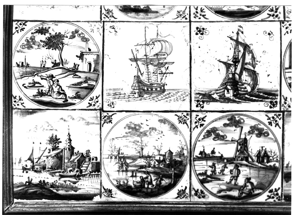 paesaggio con lago ghiacciato, pattinatori e mulino a vento (mattonella) - manifattura di Delft (fine/inizio secc. XVII/ XVIII)