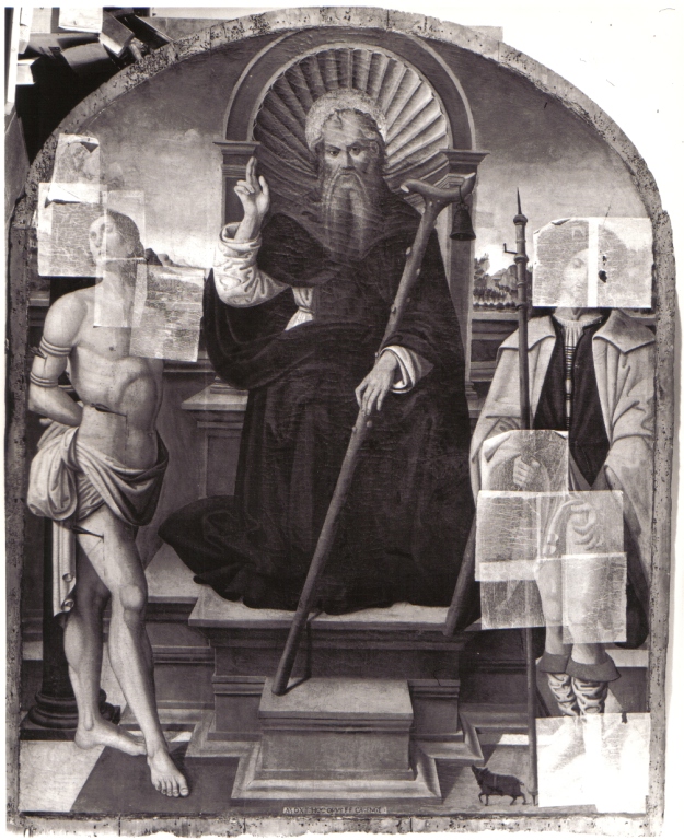Sant'Antonio Abate in trono tra San Sebastiano e San Rocco (dipinto) di Trofi Monaldo detto Truffetta (sec. XVI)