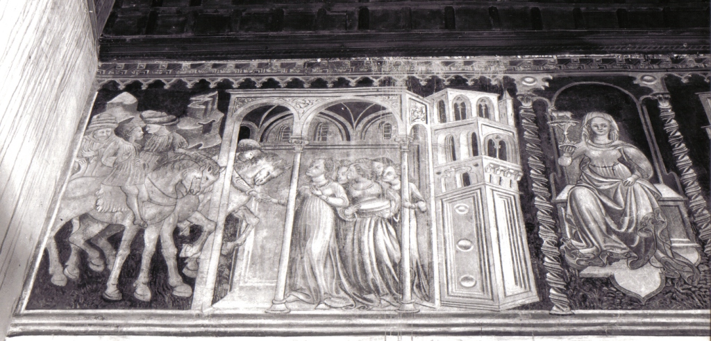l'incontro di Lucrezia con il marito Tarquinio Collatino (dipinto) di Bartolomeo di Tommaso da Foligno (scuola) (sec. XV)