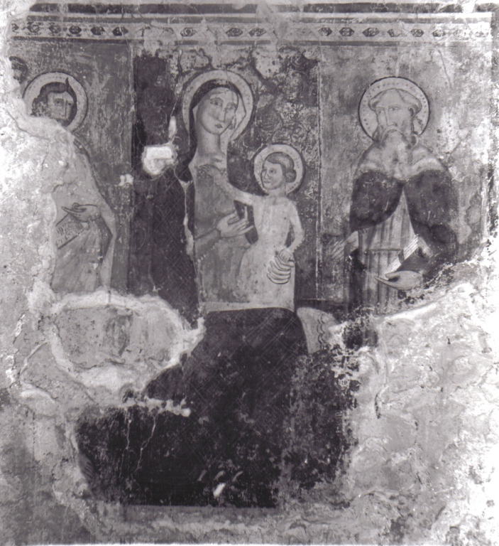 Madonna con Bambino in trono fra San Tommaso e altro Santo (dipinto, frammento) - ambito campano (prima metà sec. XIV)