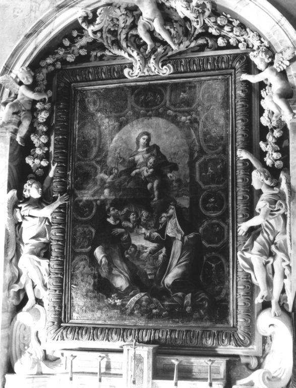 Madonna del Rosario con San Domenico, Santa Caterina, Santa Brigida e misteri del rosario (dipinto) di Troppa Girolamo (sec. XVII)