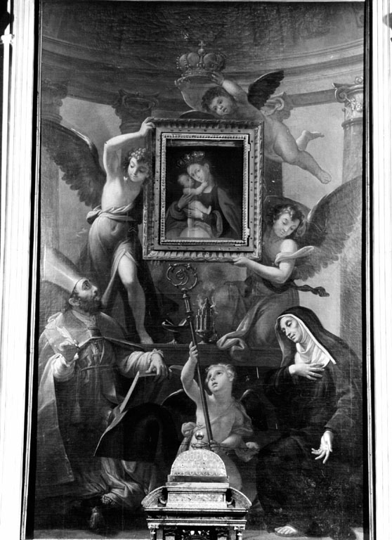 Sant'Agostino e Santa Monica in adorazione di una immagine mariana sorretta da angeli (dipinto) di Labruzzi Carlo (attribuito) (sec. XVIII)