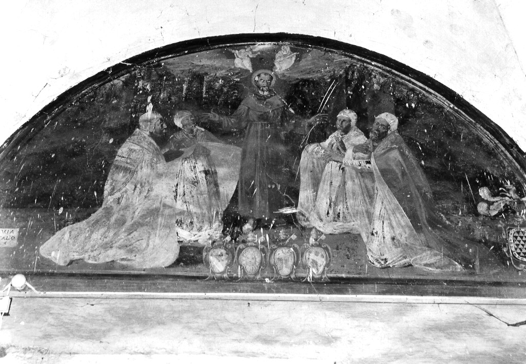 San Francesco venerato da quattro papi francescani (dipinto) di Manenti Vincenzo (attribuito) (sec. XVII)