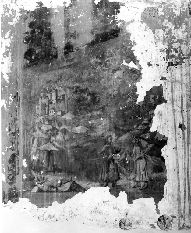 San Francesco d'Assisi dona il mantello al povero cavaliere (dipinto, frammento) - ambito laziale (secc. XVII/ XVIII)