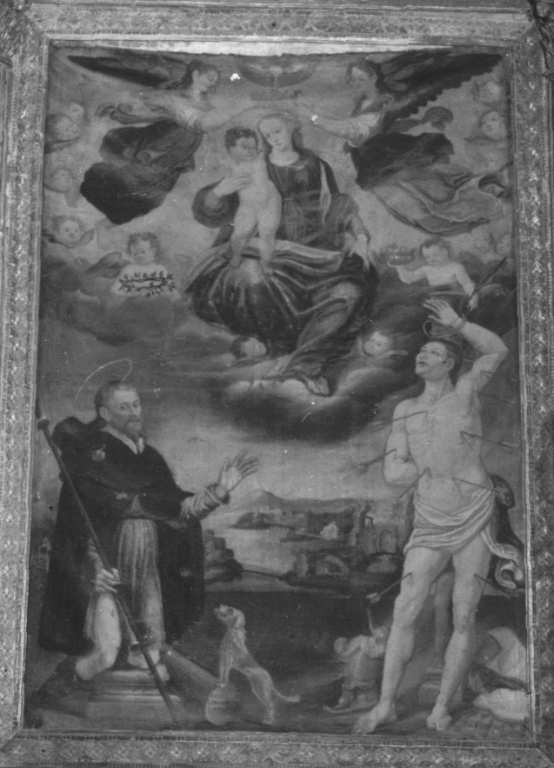 Madonna con Bambino incoronata da angeli tra San Sebastiano e San Rocco (dipinto) - ambito laziale (sec. XVII)