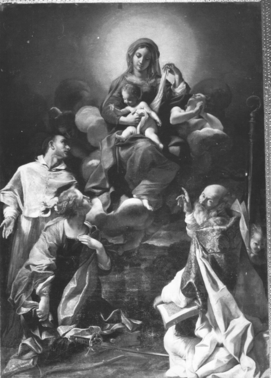 Madonna con Bambino tra San Carlo Borromeo, Santa Caterina d'Alessandria e Sant'Agostino (dipinto) di Lanfranco Giovanni (sec. XVII)